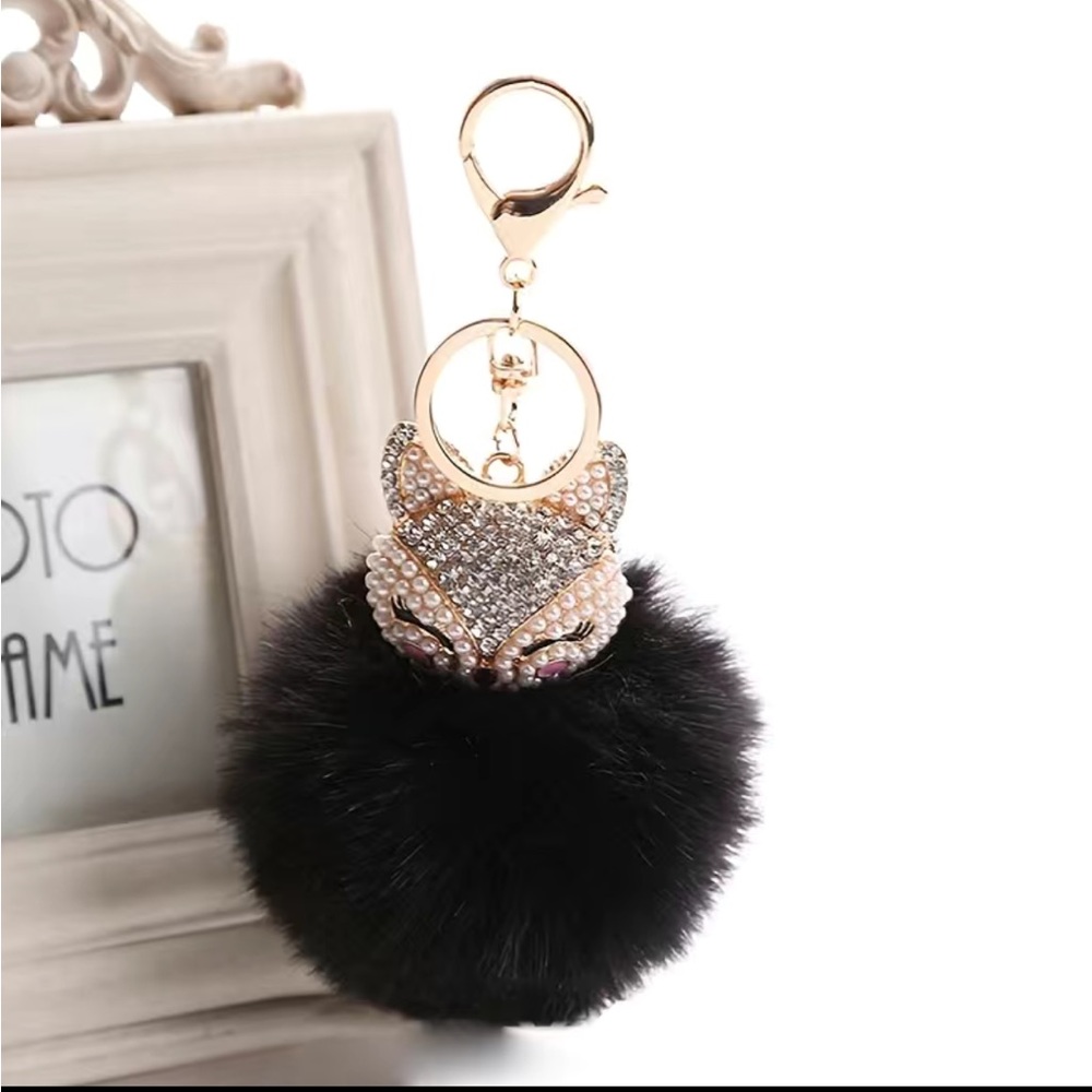 NIP Black Fox Head Faux Pearl Rhinestone Pom Pom Keychain